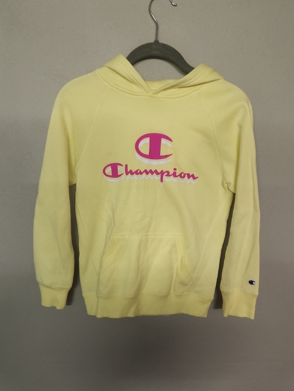 Champion Pastel Yellow Hoodie with Pink Logo